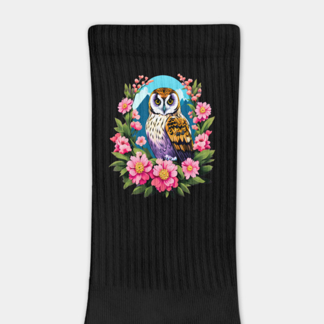 A Cute Short Eared Owl Surrounded by Bold Vibrant Spring Flowers by BirdsnStuff