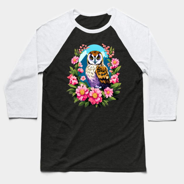 A Cute Short Eared Owl Surrounded by Bold Vibrant Spring Flowers Baseball T-Shirt by BirdsnStuff