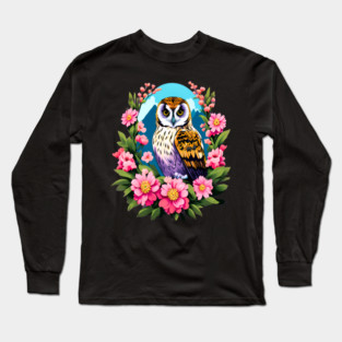 A Cute Short Eared Owl Surrounded by Bold Vibrant Spring Flowers Long Sleeve T-Shirt