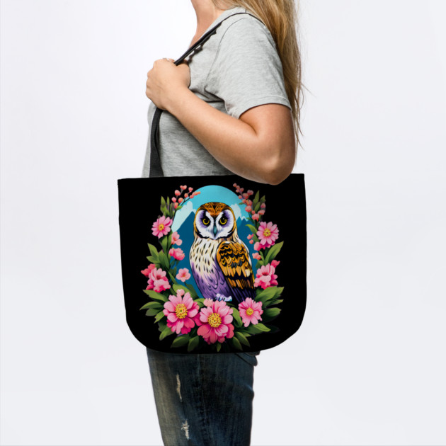 A Cute Short Eared Owl Surrounded by Bold Vibrant Spring Flowers by BirdsnStuff