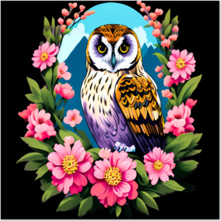 A Cute Short Eared Owl Surrounded by Bold Vibrant Spring Flowers Posters and Art