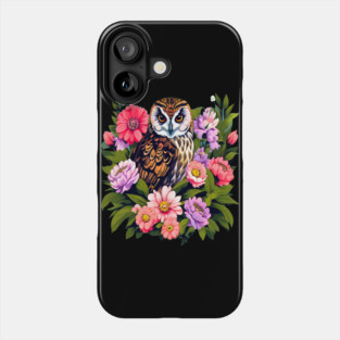 A Cute Short Eared Owl Surrounded by Bold Vibrant Spring Flowers Phone Case