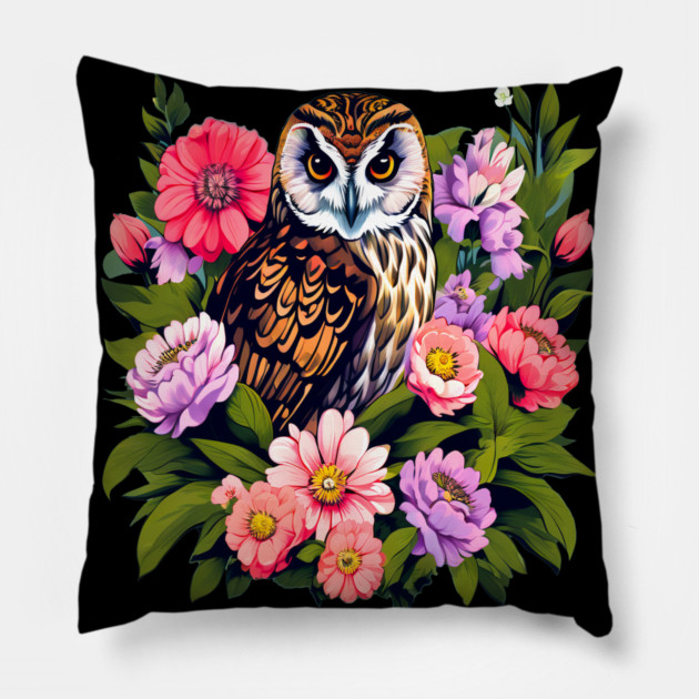A Cute Short Eared Owl Surrounded by Bold Vibrant Spring Flowers Pillow by BirdsnStuff