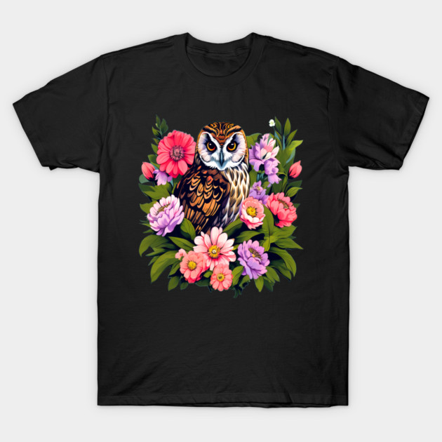 A Cute Short Eared Owl Surrounded by Bold Vibrant Spring Flowers T-Shirt by BirdsnStuff