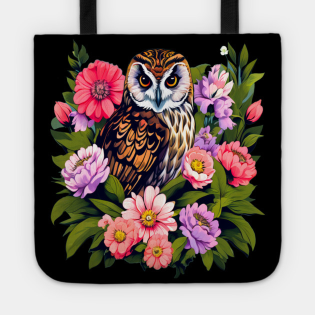 A Cute Short Eared Owl Surrounded by Bold Vibrant Spring Flowers Tote by BirdsnStuff