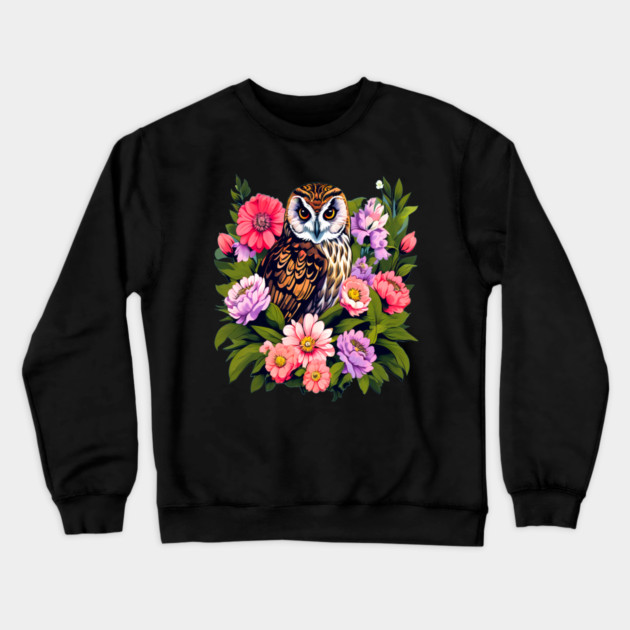 A Cute Short Eared Owl Surrounded by Bold Vibrant Spring Flowers Crewneck Sweatshirt by BirdsnStuff