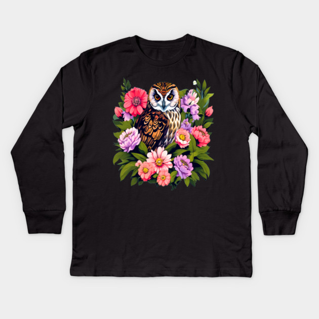 A Cute Short Eared Owl Surrounded by Bold Vibrant Spring Flowers Kids Long Sleeve T-Shirt by BirdsnStuff