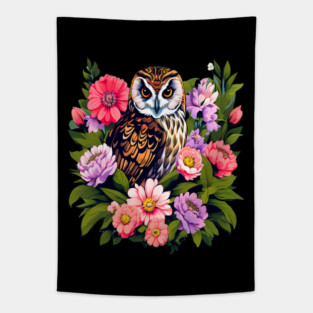 A Cute Short Eared Owl Surrounded by Bold Vibrant Spring Flowers Tapestry