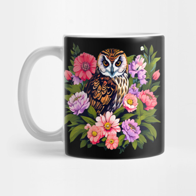 A Cute Short Eared Owl Surrounded by Bold Vibrant Spring Flowers by BirdsnStuff