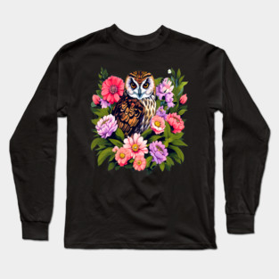 A Cute Short Eared Owl Surrounded by Bold Vibrant Spring Flowers Long Sleeve T-Shirt