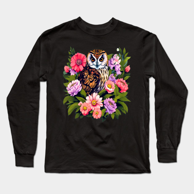 A Cute Short Eared Owl Surrounded by Bold Vibrant Spring Flowers Long Sleeve T-Shirt by BirdsnStuff