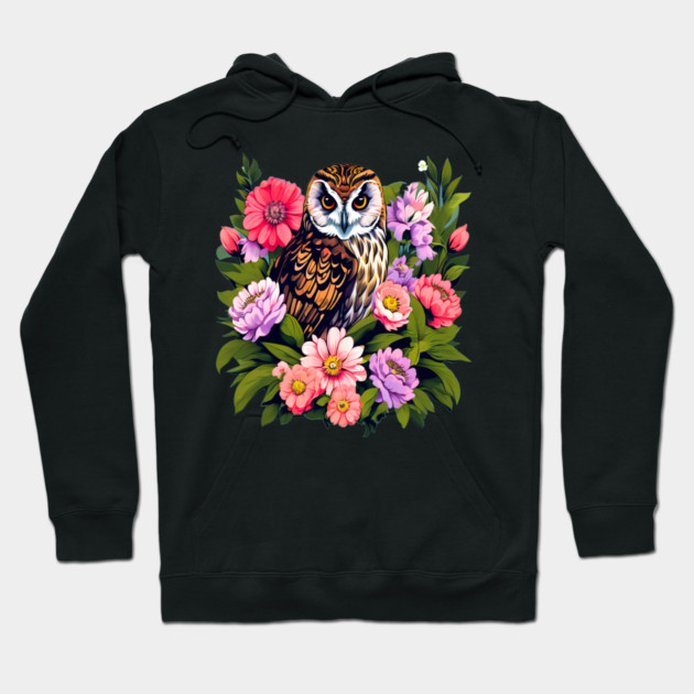 A Cute Short Eared Owl Surrounded by Bold Vibrant Spring Flowers Hoodie by BirdsnStuff