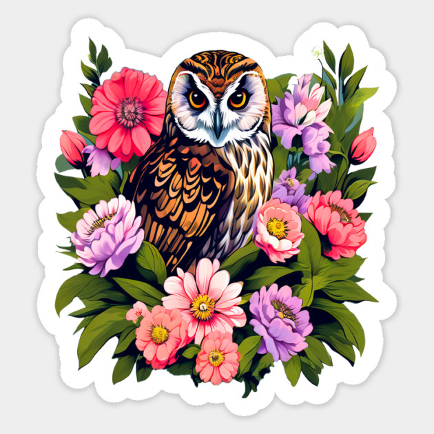 A Cute Short Eared Owl Surrounded by Bold Vibrant Spring Flowers Magnet by BirdsnStuff