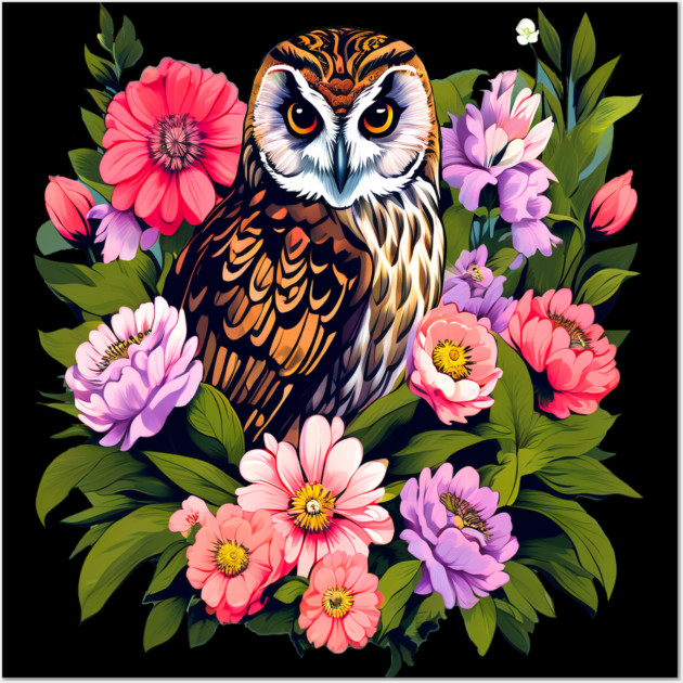 A Cute Short Eared Owl Surrounded by Bold Vibrant Spring Flowers Wall Art by BirdsnStuff