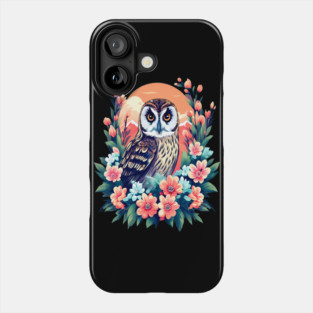 A Cute Short Eared Owl Surrounded by Bold Vibrant Spring Flowers Phone Case
