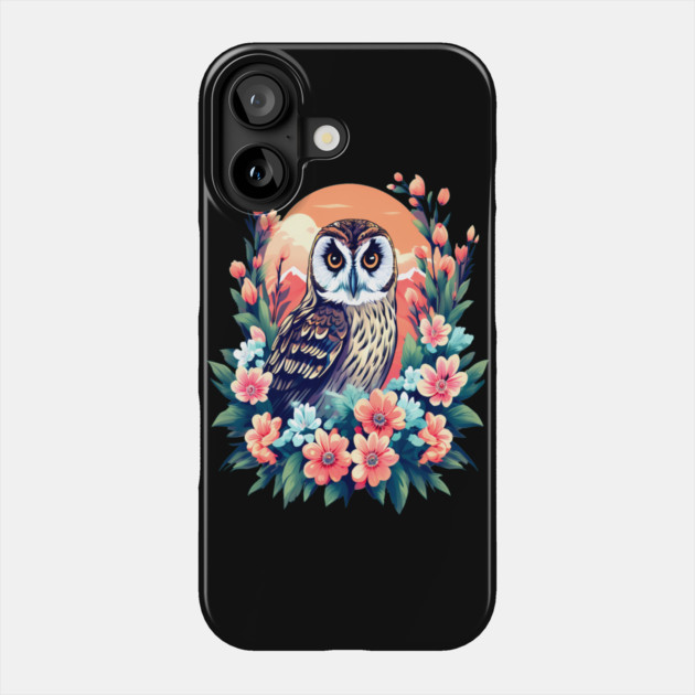 A Cute Short Eared Owl Surrounded by Bold Vibrant Spring Flowers Phone Case by BirdsnStuff