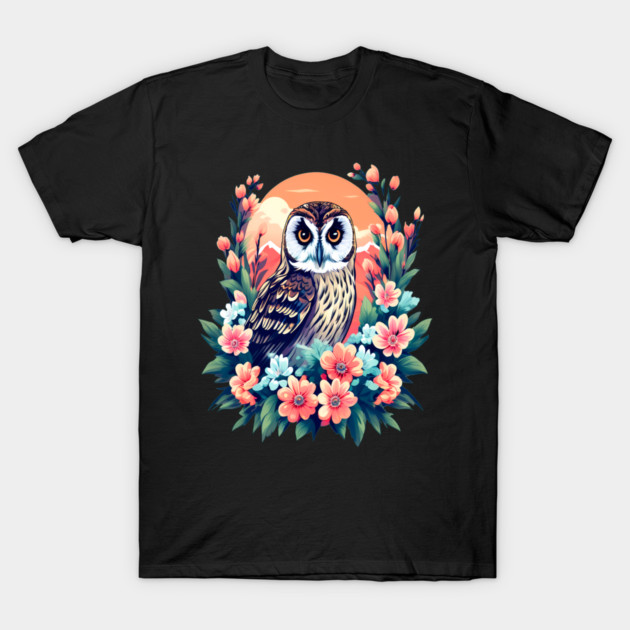 A Cute Short Eared Owl Surrounded by Bold Vibrant Spring Flowers T-Shirt by BirdsnStuff