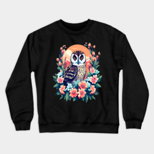 A Cute Short Eared Owl Surrounded by Bold Vibrant Spring Flowers Crewneck Sweatshirt