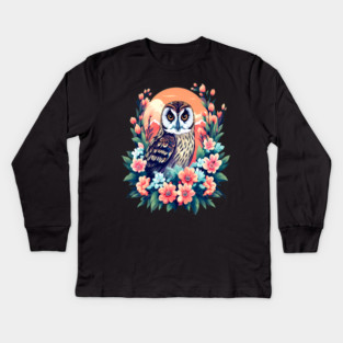 A Cute Short Eared Owl Surrounded by Bold Vibrant Spring Flowers Kids Long Sleeve T-Shirt