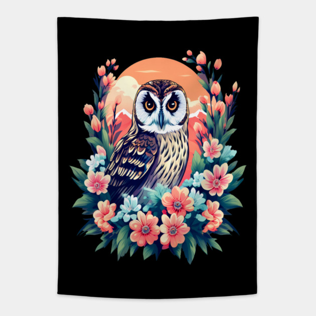A Cute Short Eared Owl Surrounded by Bold Vibrant Spring Flowers Tapestry by BirdsnStuff