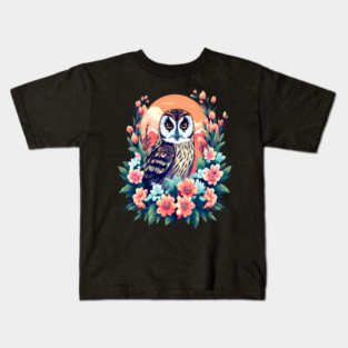 A Cute Short Eared Owl Surrounded by Bold Vibrant Spring Flowers Kids T-Shirt
