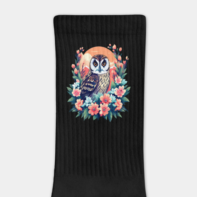 A Cute Short Eared Owl Surrounded by Bold Vibrant Spring Flowers by BirdsnStuff