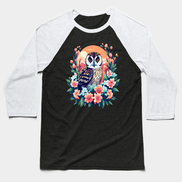 A Cute Short Eared Owl Surrounded by Bold Vibrant Spring Flowers Baseball T-Shirt by BirdsnStuff