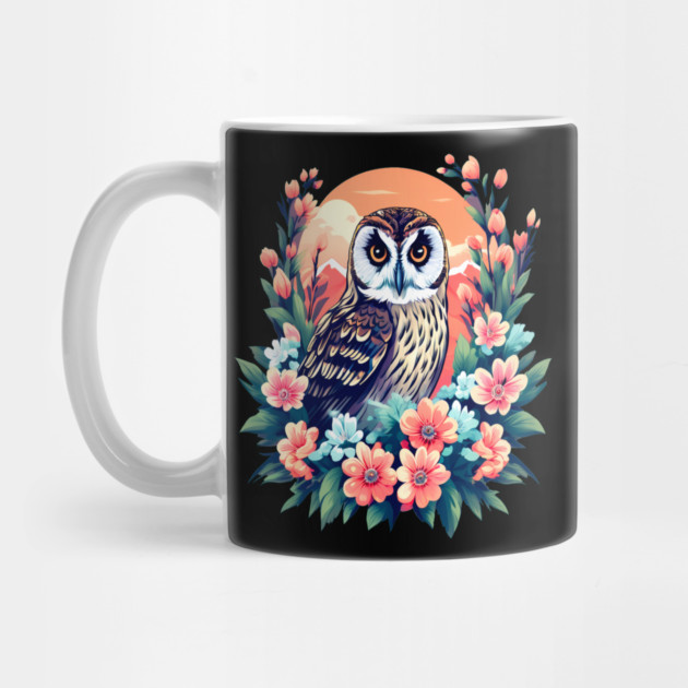 A Cute Short Eared Owl Surrounded by Bold Vibrant Spring Flowers by BirdsnStuff