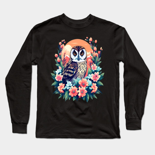 A Cute Short Eared Owl Surrounded by Bold Vibrant Spring Flowers Long Sleeve T-Shirt by BirdsnStuff