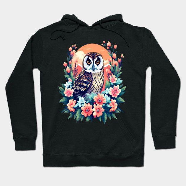 A Cute Short Eared Owl Surrounded by Bold Vibrant Spring Flowers Hoodie by BirdsnStuff