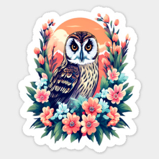 A Cute Short Eared Owl Surrounded by Bold Vibrant Spring Flowers Sticker