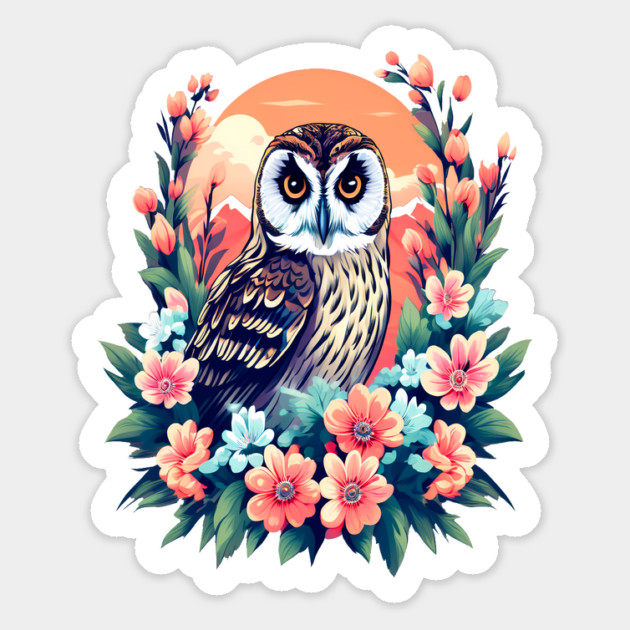 A Cute Short Eared Owl Surrounded by Bold Vibrant Spring Flowers Magnet by BirdsnStuff