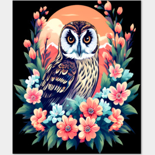 A Cute Short Eared Owl Surrounded by Bold Vibrant Spring Flowers Posters and Art