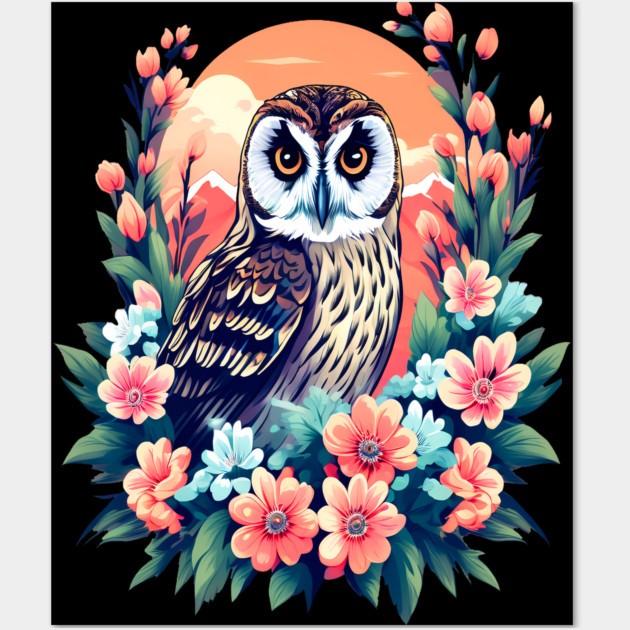 A Cute Short Eared Owl Surrounded by Bold Vibrant Spring Flowers Wall Art by BirdsnStuff