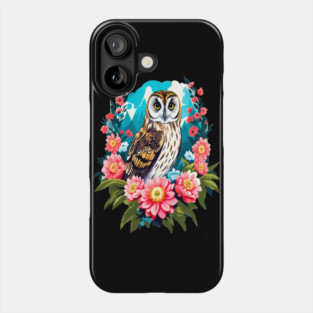 A Cute Short Eared Owl Surrounded by Bold Vibrant Spring Flowers Phone Case