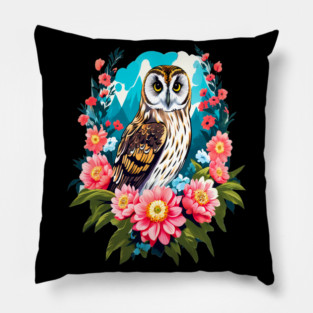 A Cute Short Eared Owl Surrounded by Bold Vibrant Spring Flowers Pillow