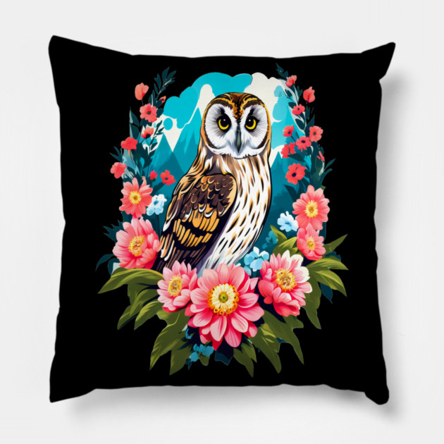 A Cute Short Eared Owl Surrounded by Bold Vibrant Spring Flowers Pillow by BirdsnStuff