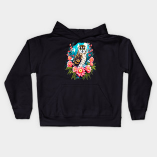 A Cute Short Eared Owl Surrounded by Bold Vibrant Spring Flowers Kids Hoodie