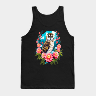 A Cute Short Eared Owl Surrounded by Bold Vibrant Spring Flowers Tank Top