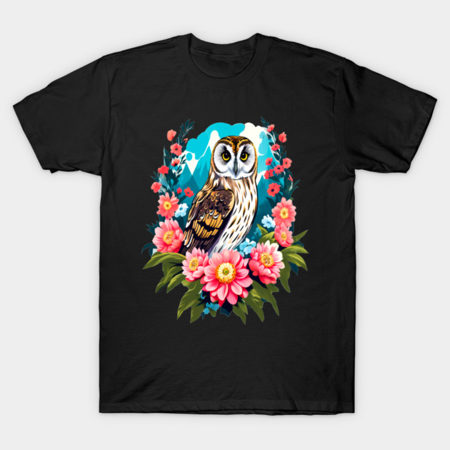 A Cute Short Eared Owl Surrounded by Bold Vibrant Spring Flowers T-Shirt by BirdsnStuff