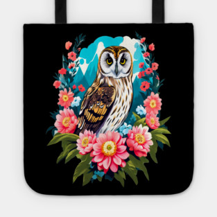 A Cute Short Eared Owl Surrounded by Bold Vibrant Spring Flowers Tote