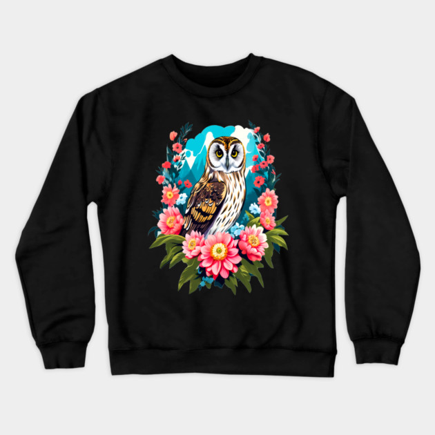A Cute Short Eared Owl Surrounded by Bold Vibrant Spring Flowers Crewneck Sweatshirt by BirdsnStuff