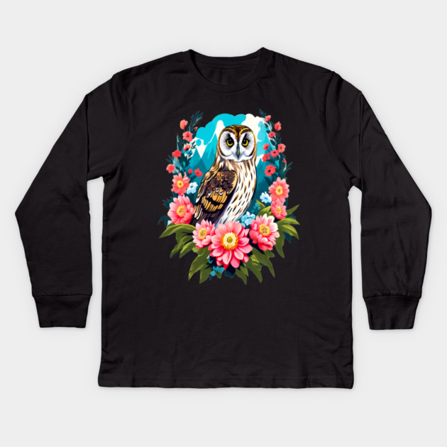 A Cute Short Eared Owl Surrounded by Bold Vibrant Spring Flowers Kids Long Sleeve T-Shirt by BirdsnStuff