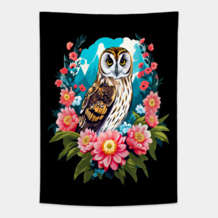 A Cute Short Eared Owl Surrounded by Bold Vibrant Spring Flowers Tapestry