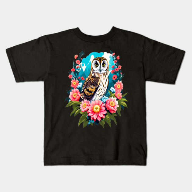 A Cute Short Eared Owl Surrounded by Bold Vibrant Spring Flowers Kids T-Shirt by BirdsnStuff