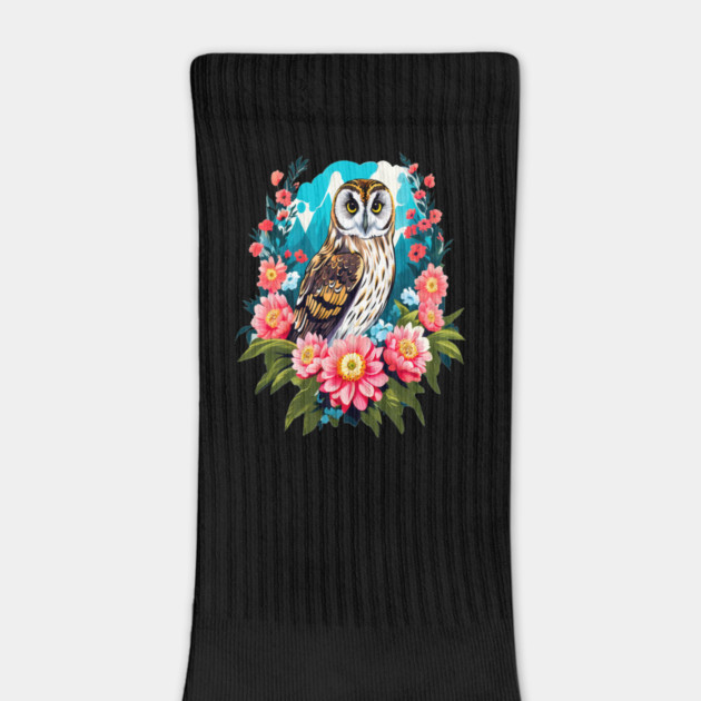 A Cute Short Eared Owl Surrounded by Bold Vibrant Spring Flowers by BirdsnStuff