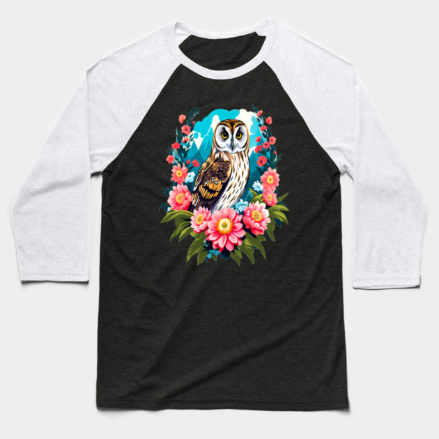 A Cute Short Eared Owl Surrounded by Bold Vibrant Spring Flowers Baseball T-Shirt by BirdsnStuff