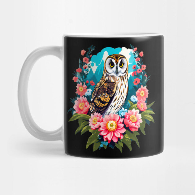 A Cute Short Eared Owl Surrounded by Bold Vibrant Spring Flowers by BirdsnStuff