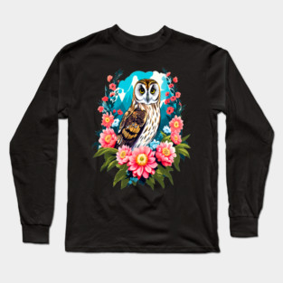 A Cute Short Eared Owl Surrounded by Bold Vibrant Spring Flowers Long Sleeve T-Shirt