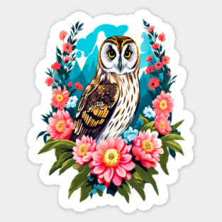 A Cute Short Eared Owl Surrounded by Bold Vibrant Spring Flowers Sticker